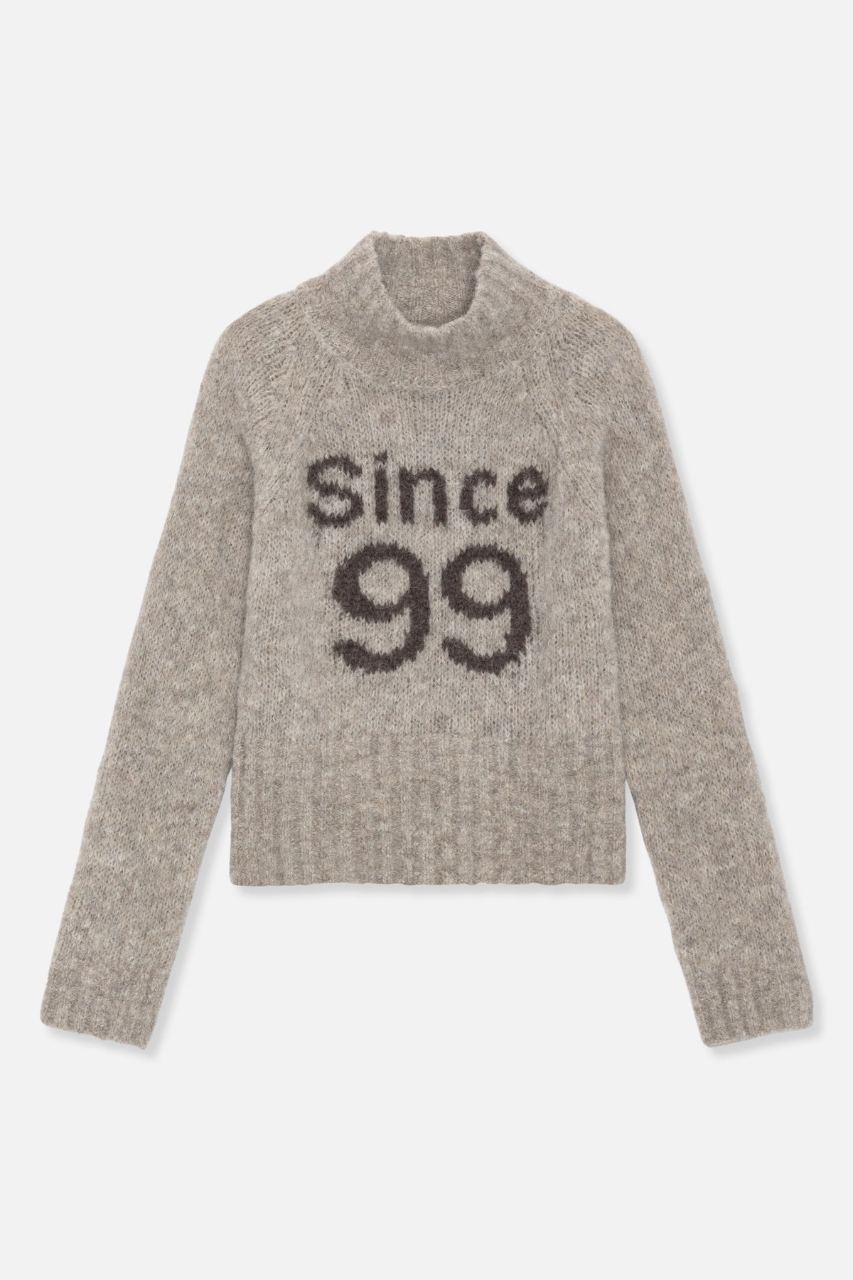 Front view of a fuzzy taupe-grey crew-neck sweater with dark “since 99” lettering across the chest.
