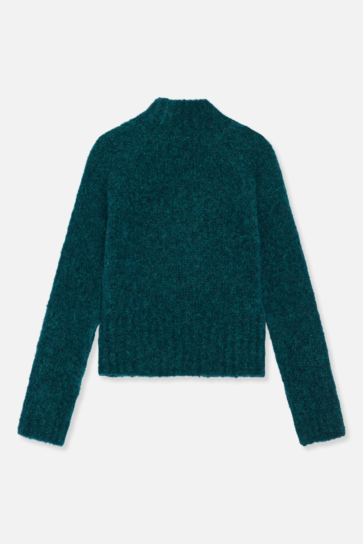 Front view of a deep teal fuzzy-knit sweater with a high neckline and long sleeves.