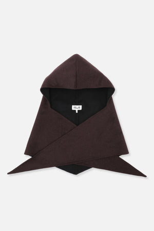Dark brown hooded scarf with black lining, shown laid flat with long pointed ends crossed beneath the hood.