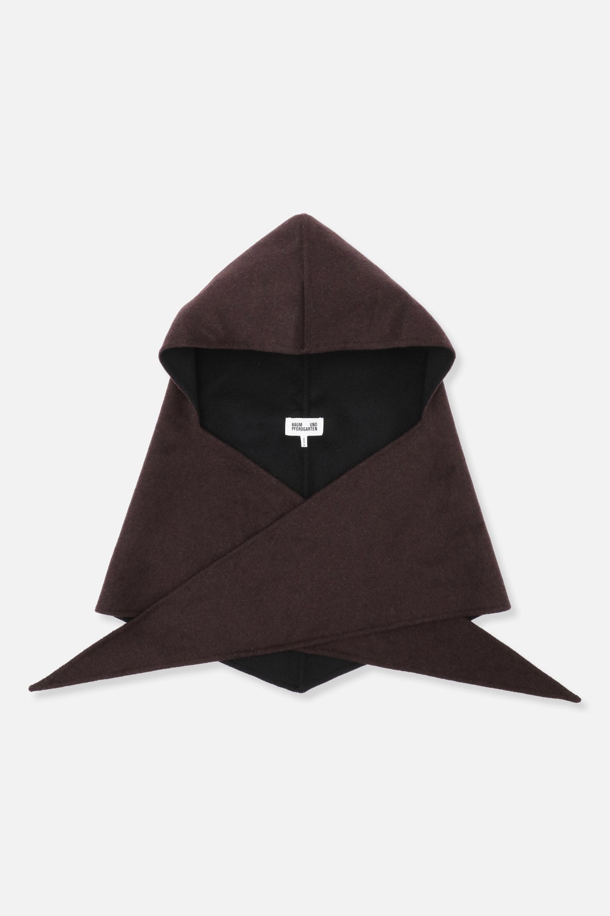 Dark brown hooded scarf with black lining, shown laid flat with long pointed ends crossed beneath the hood.