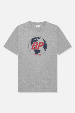 Heather gray short-sleeve crew-neck T-shirt, front view, with a navy globe graphic, red “BP” lettering and “Since 1999” text.