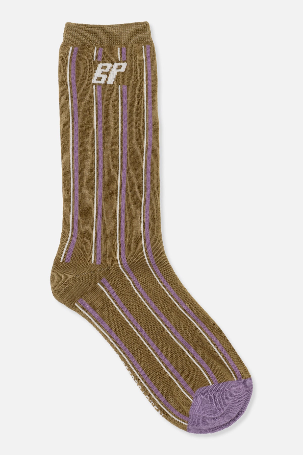 Olive-brown crew socks with vertical lavender and white stripes, a small white BP monogram near the cuff and a lavender toe.
