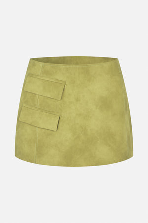 Olive-green suede-textured mini skirt with two angled flap pockets and contrast topstitching, shown from the front.
