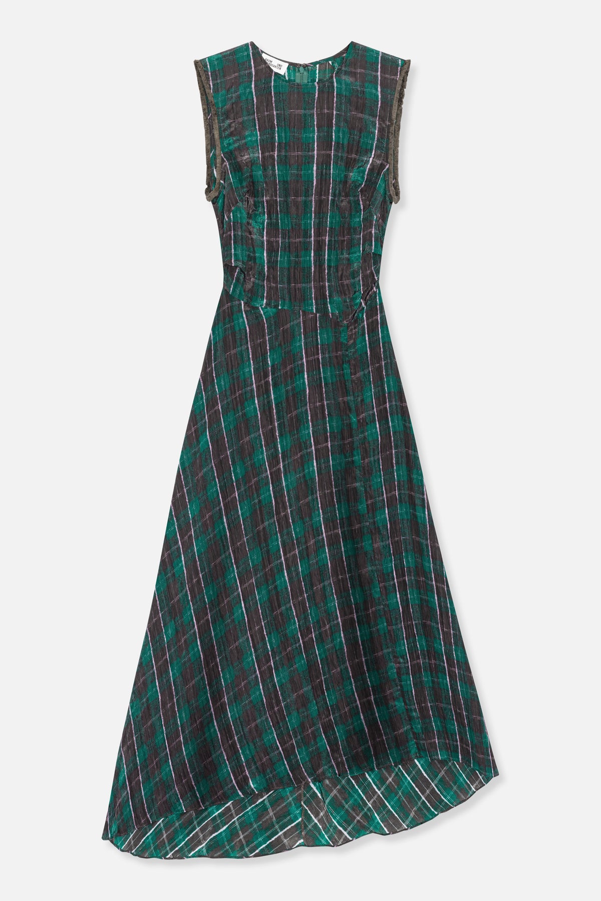 Sleeveless A-line dress with a round neckline and layered waist, in dark teal and charcoal plaid with pale pink lines, front view.