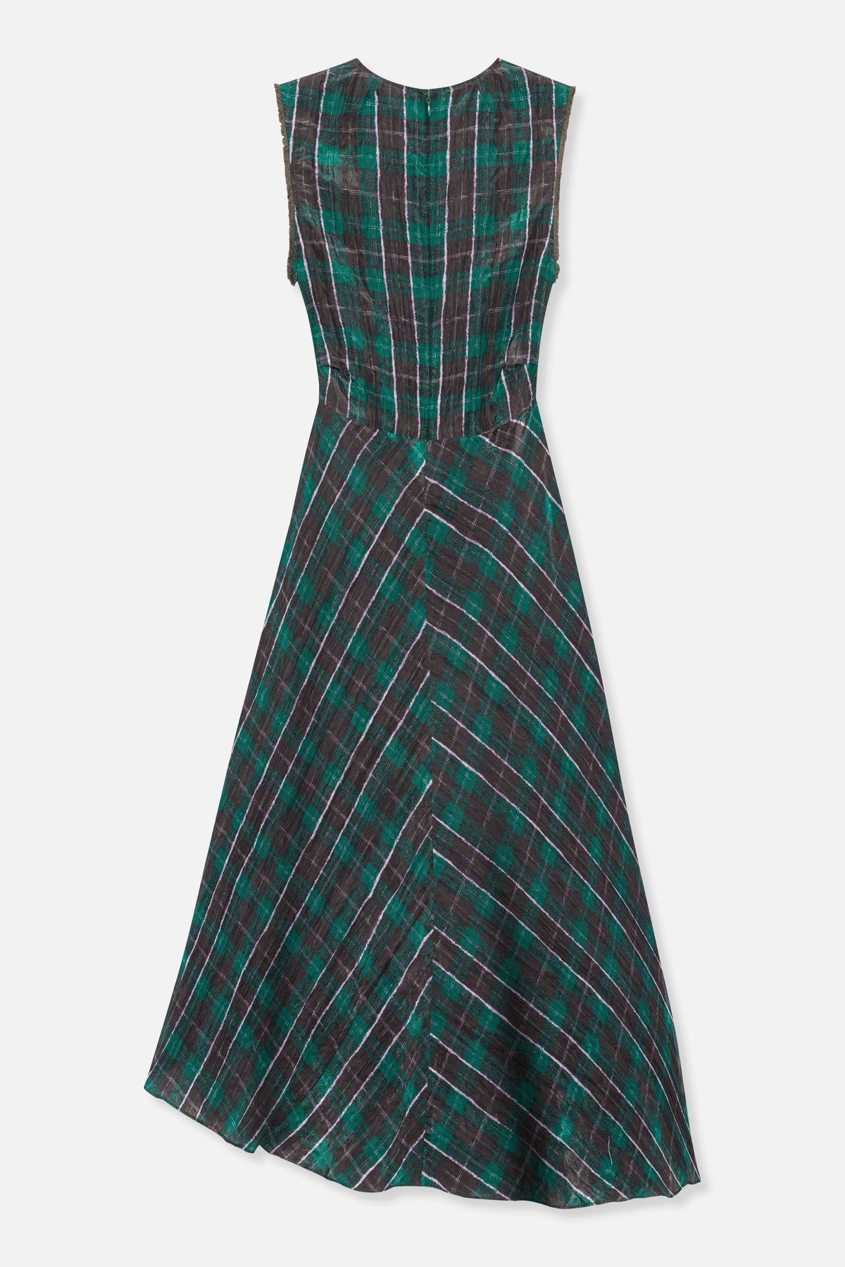 Back view of a sleeveless flared dress in dark green and charcoal plaid with pale lilac lines and a centre-back zip.