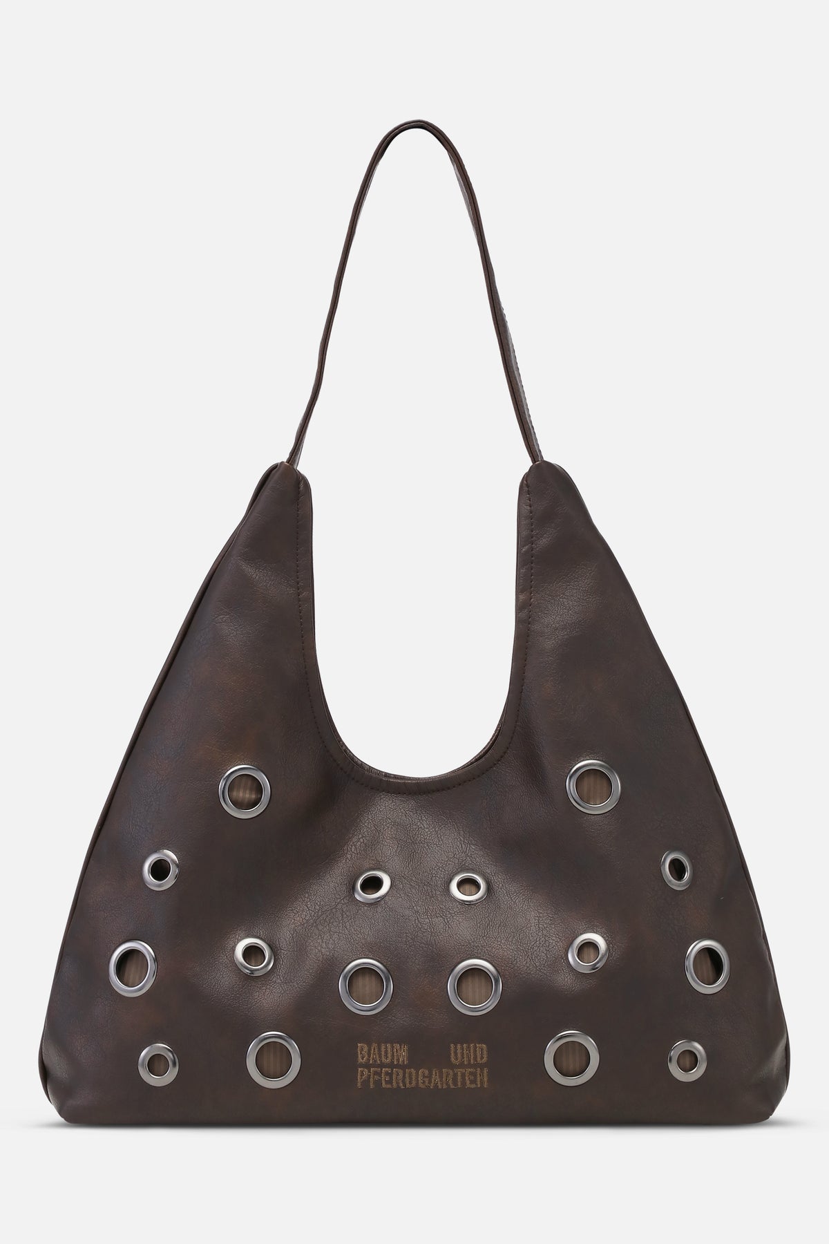 Front view of a dark brown shoulder bag with a long strap, scattered silver eyelets, and Baum und Pferdgarten logo.