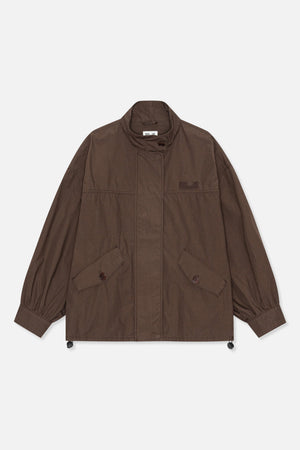 Front view of a dark brown jacket with a stand collar, concealed button placket, angled flap pockets and gathered cuffs.