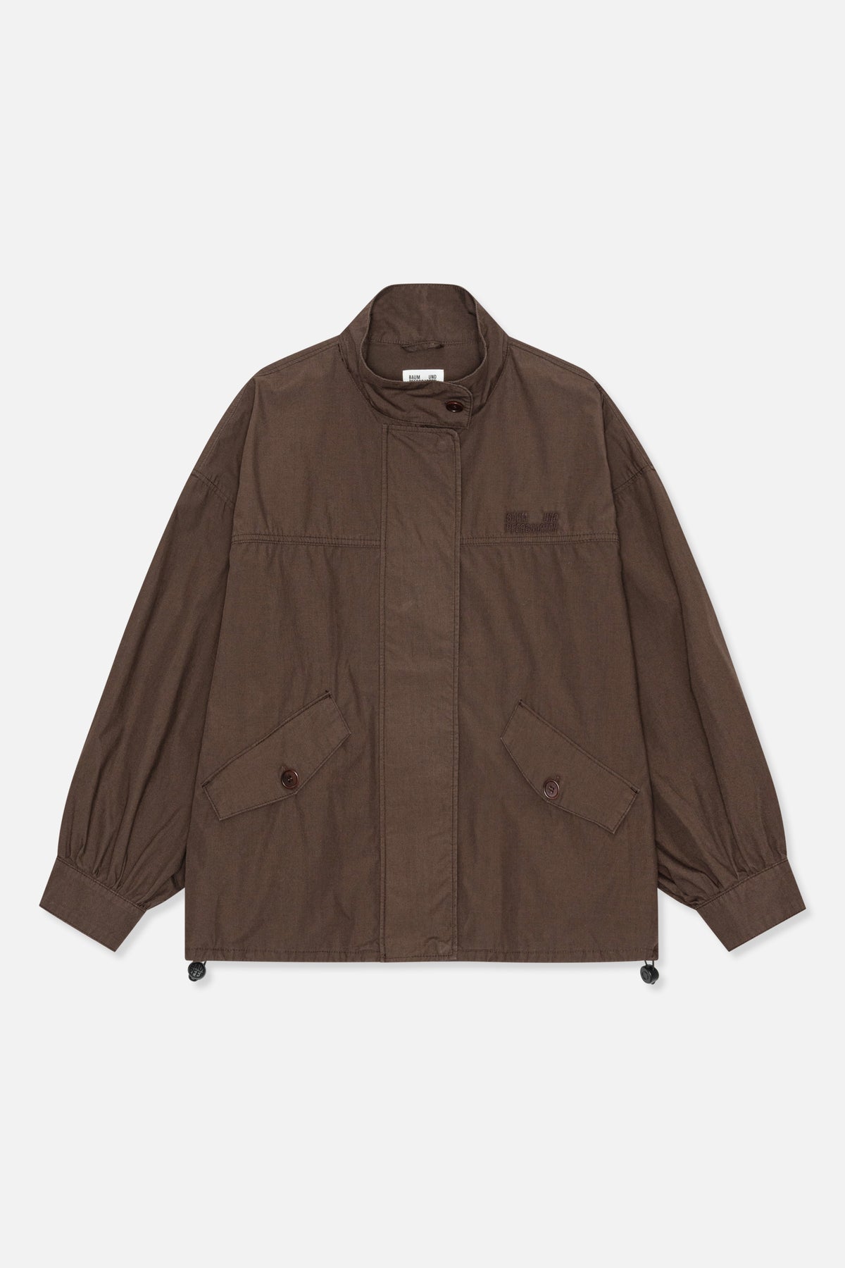 Front view of a dark brown jacket with a stand collar, concealed button placket, angled flap pockets and gathered cuffs.