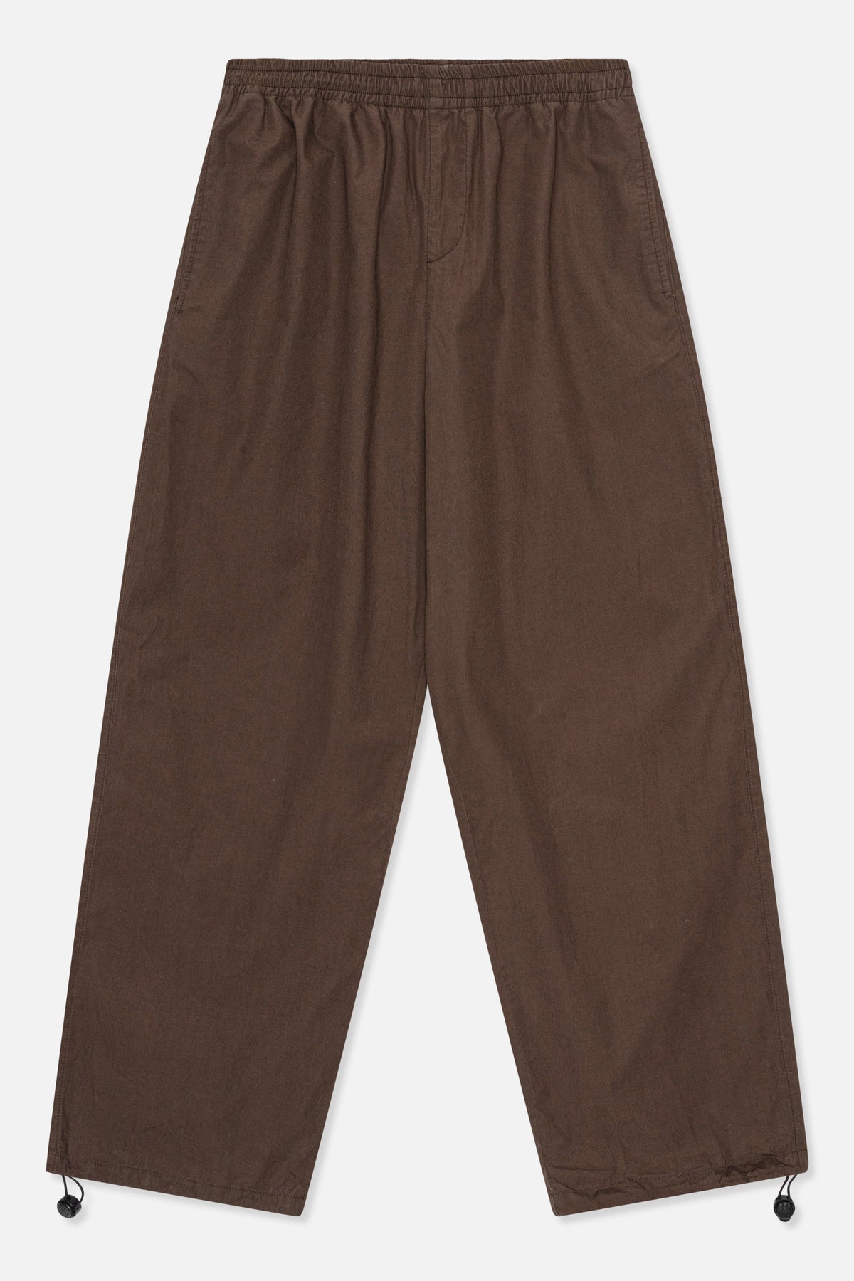 Front view of dark brown wide-leg trousers with an elasticated waistband and adjustable drawcords at the hems.