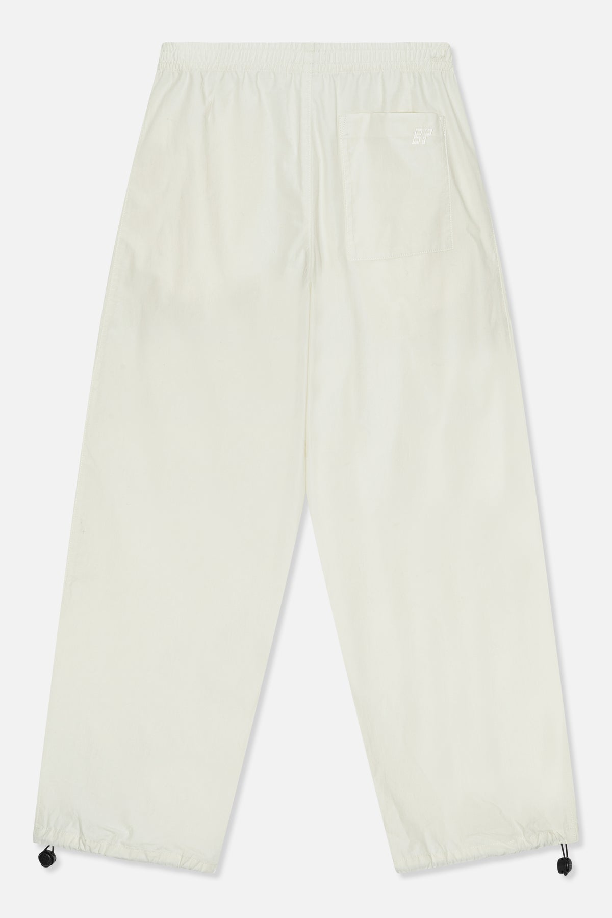 Back view of off-white wide-leg trousers with an elasticated waistband, single patch pocket, and adjustable drawcord hems.