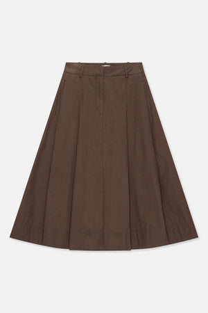 Front view of a dark brown, ankle-length A-line skirt with a high waistband, belt loops, and vertical panel seams.