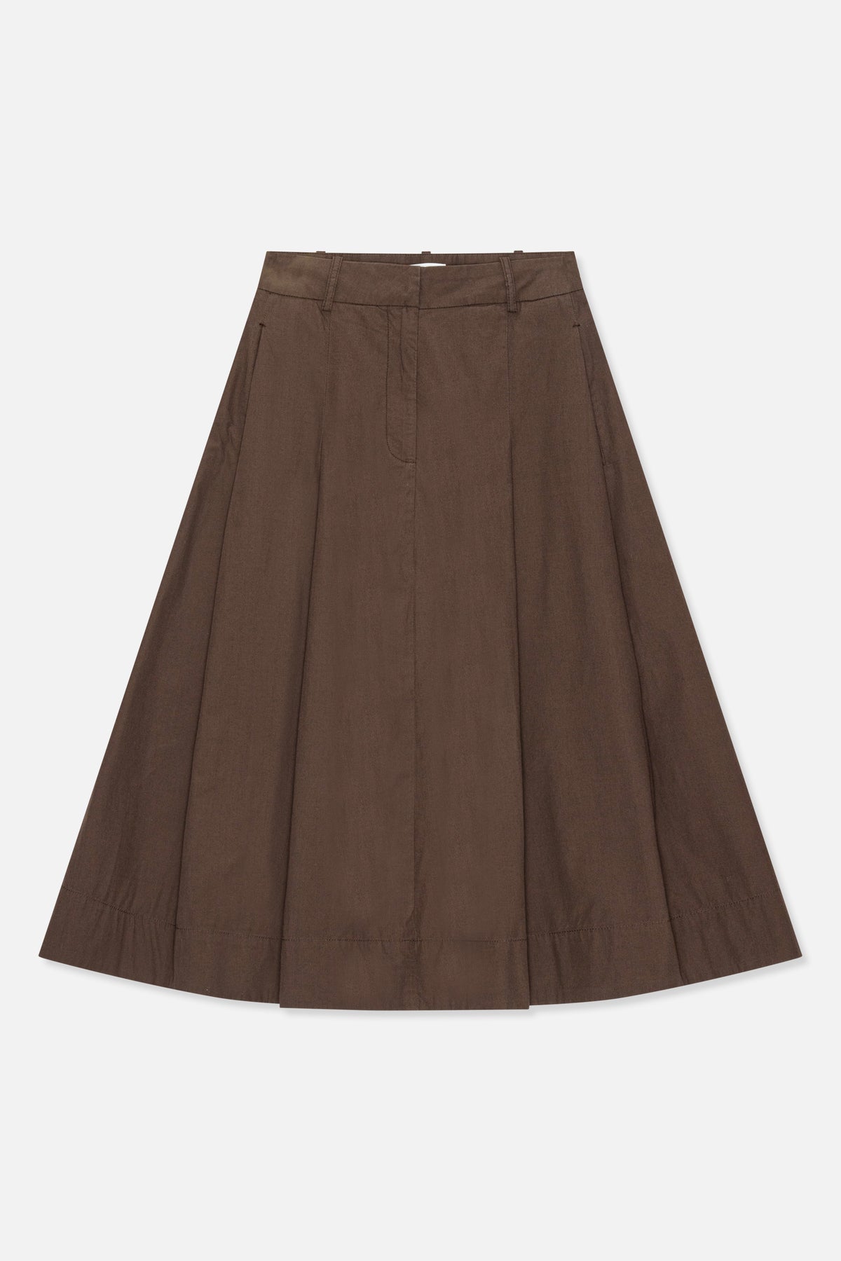 Front view of a dark brown, ankle-length A-line skirt with a high waistband, belt loops, and vertical panel seams.