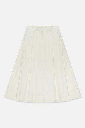 Front view of a cream A-line midi skirt with belt loops, a front slit pocket, vertical seams and a wide hem.