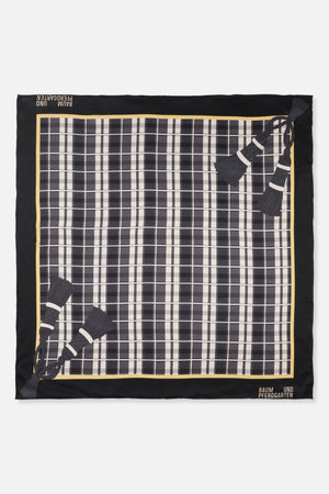 Square scarf with a black border, yellow-edged grey and cream plaid centre, illustrated tassels and Baum und Pferdgarten lettering.