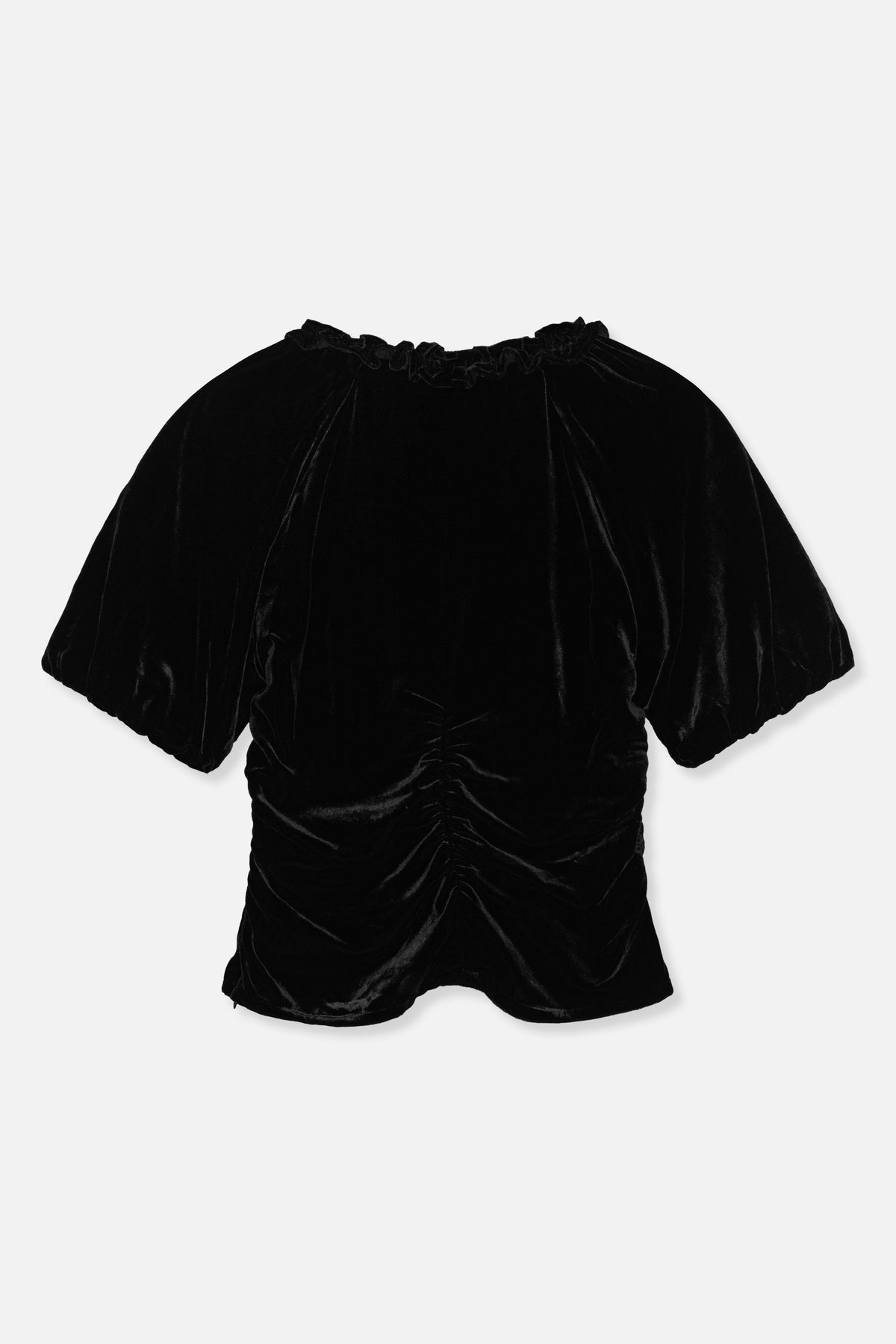 Black velvet top with a ruffled neckline, voluminous short sleeves and a ruched front