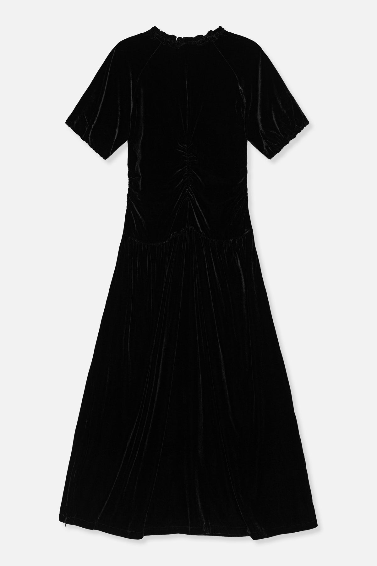 Front view of a black velvet-look dress with short puff sleeves, a ruffled neckline, gathered front detailing and a flared skirt.