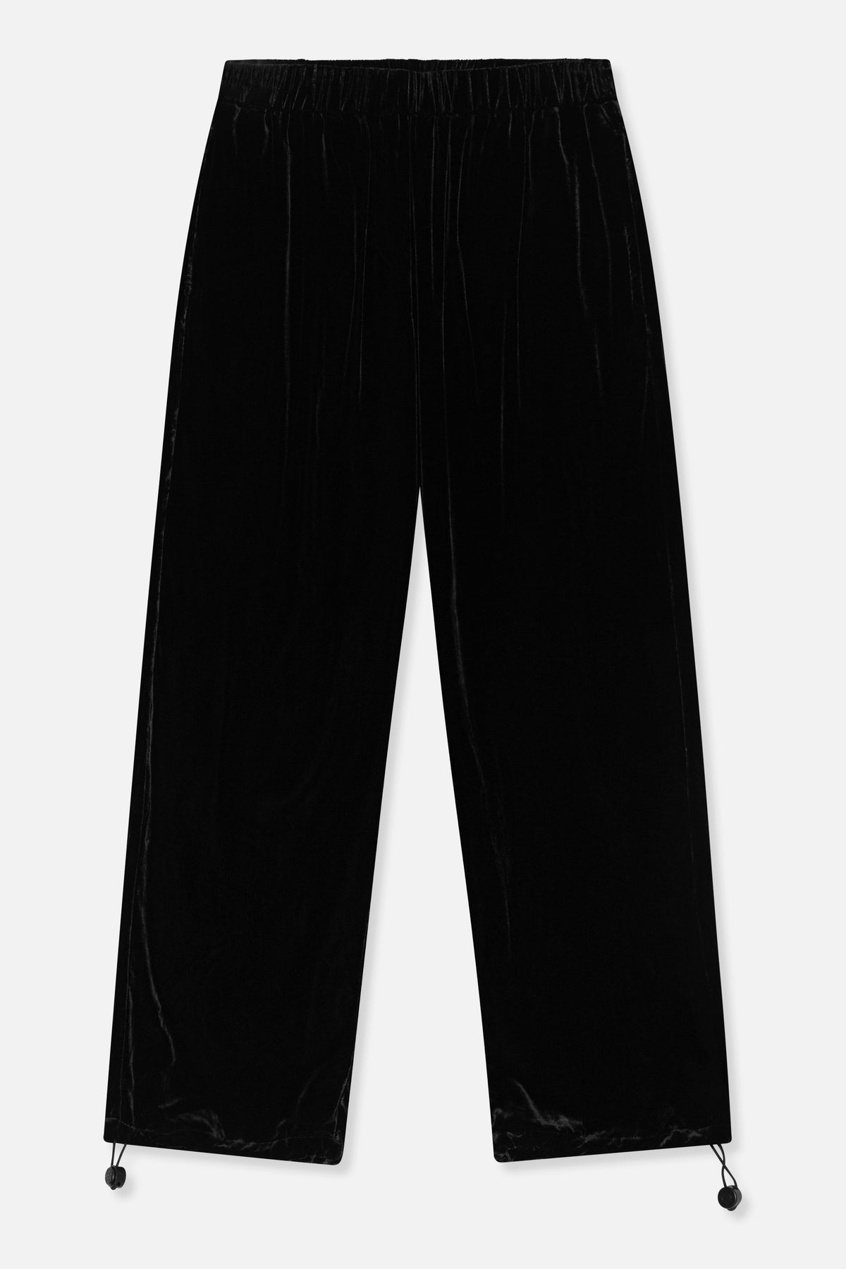 Schwarze, weit geschnittene Hose mit elastischem Bund und verstellbaren Kordeln an den Säumen, von vorne gezeigt
