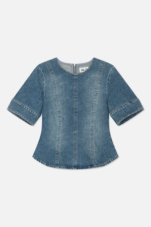 Back view of a blue denim top with short wide sleeves, a round neckline, vertical panel seams and a short centre-back zip.