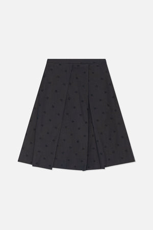 Front view of a long charcoal A-line skirt with panel seams and scattered tonal floral embroidery.