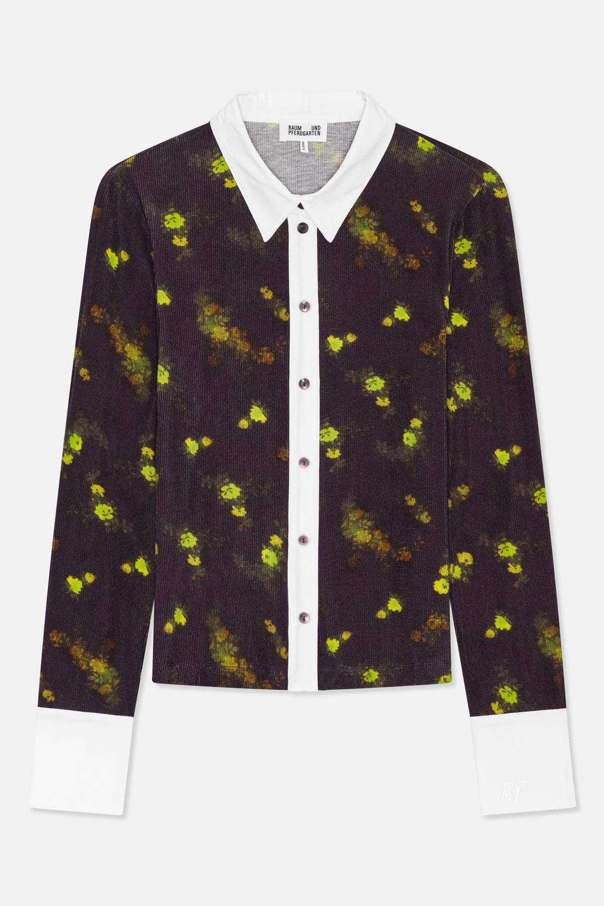 Front view of a long-sleeved collared shirt with a dark floral print, white collar, button placket and cuffs.