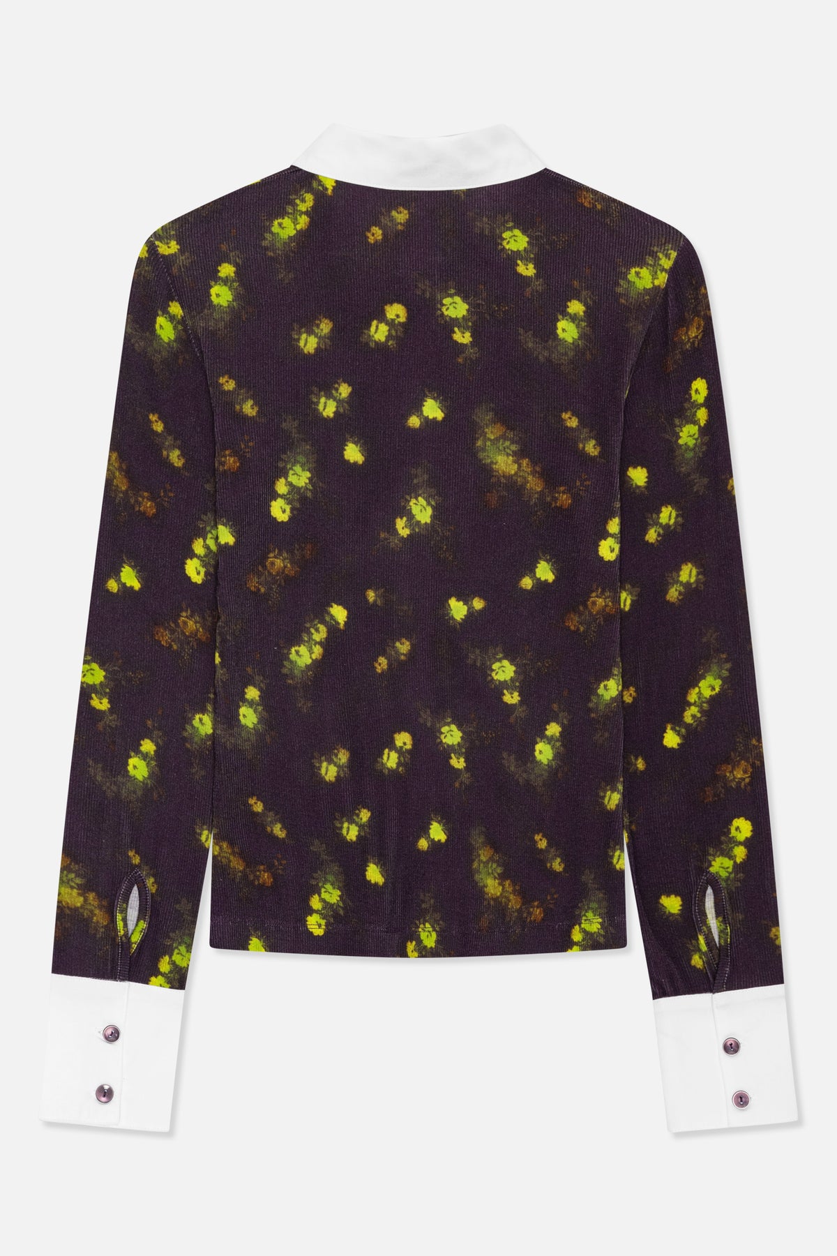 Back view of a dark plum long-sleeved top with a yellow-green floral print, white collar and buttoned cuffs.