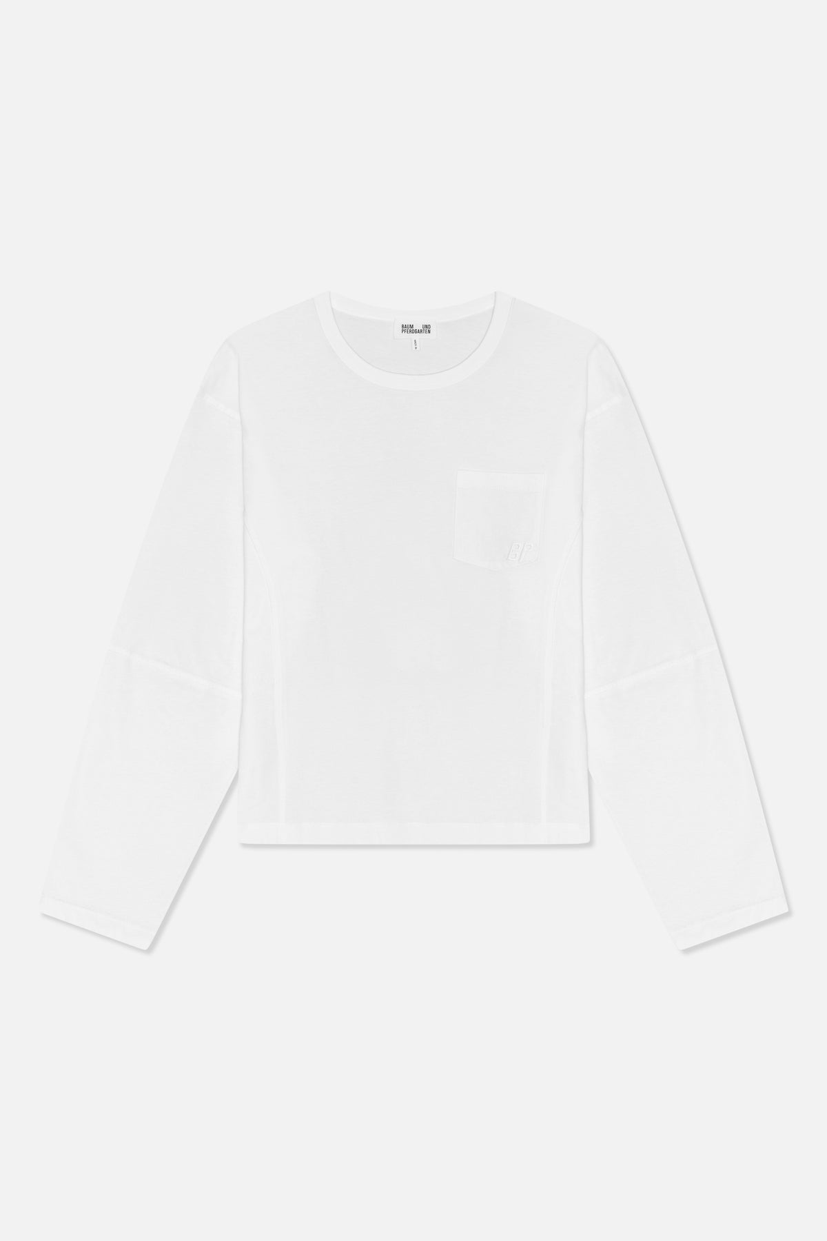 White long-sleeved crew-neck T-shirt shown from the front, with a chest pocket and subtle tonal logo detail.