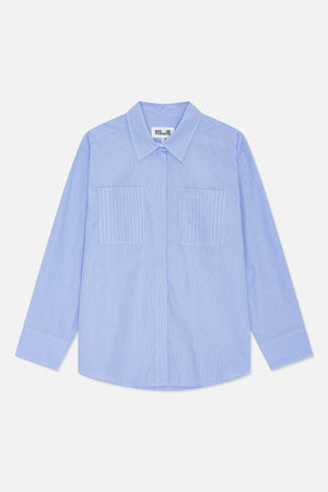 Front view of a light blue fine-striped long-sleeved shirt with a pointed collar and two large patch pockets.