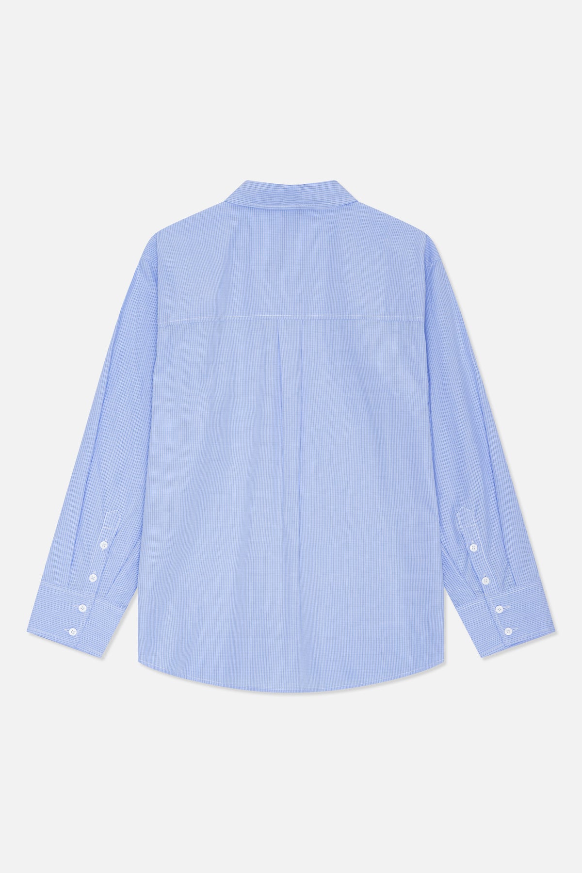 Back view of a light blue and white fine-check long-sleeved shirt with a pointed collar, back yoke and buttoned cuffs.