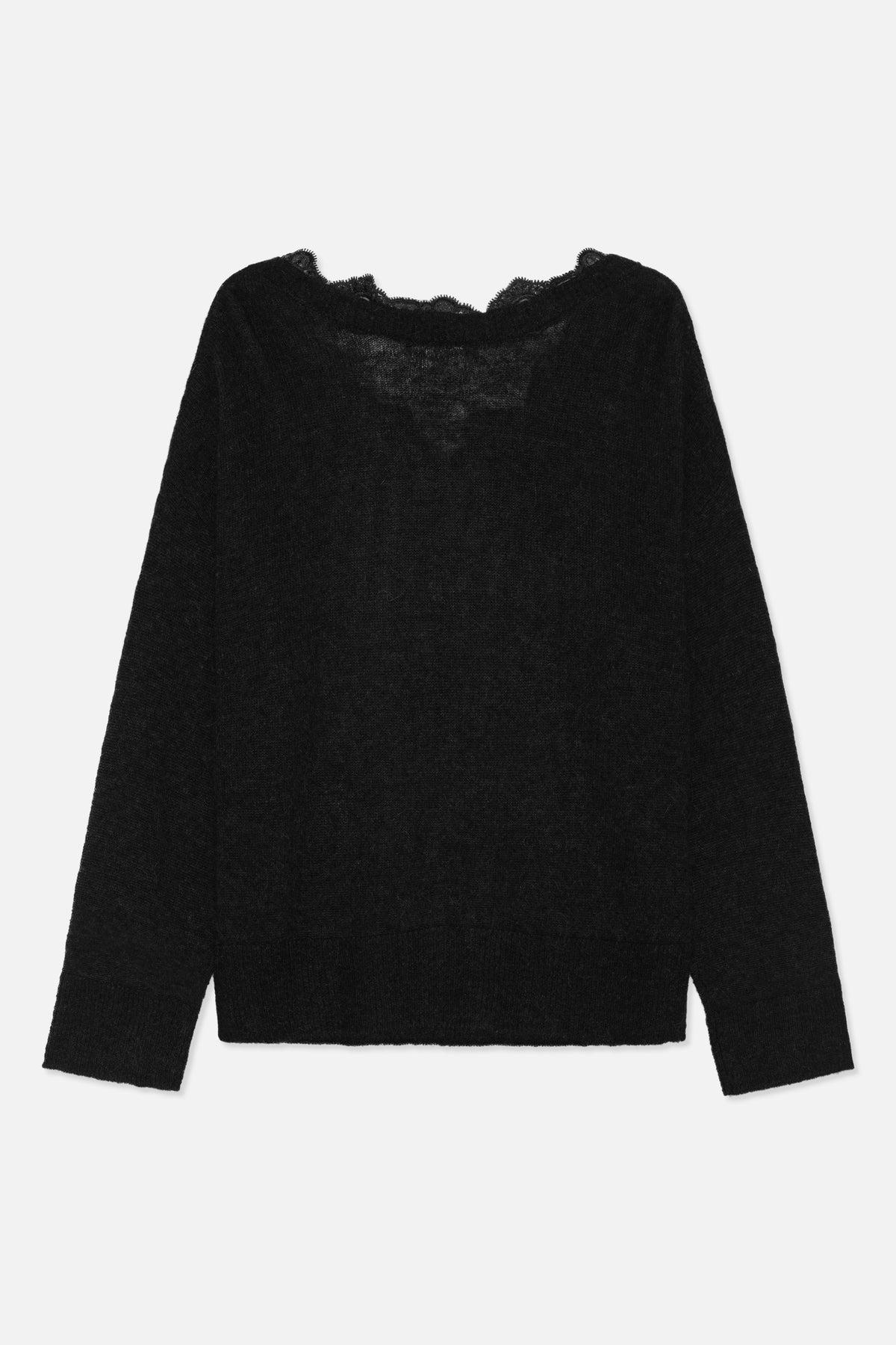 Front view of a black knitted sweater with long sleeves and a wide neckline edged in scalloped lace.