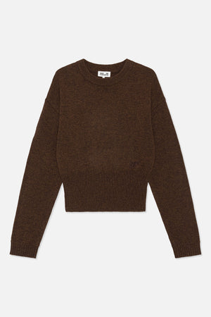 Front view of a dark brown melange knit sweater with a crew neck, long sleeves, ribbed hem and cuffs, and a small chest emblem.