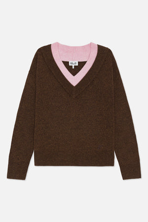 Front view of a brown knit sweater with a contrasting pink V-neck trim and ribbed cuffs and hem.