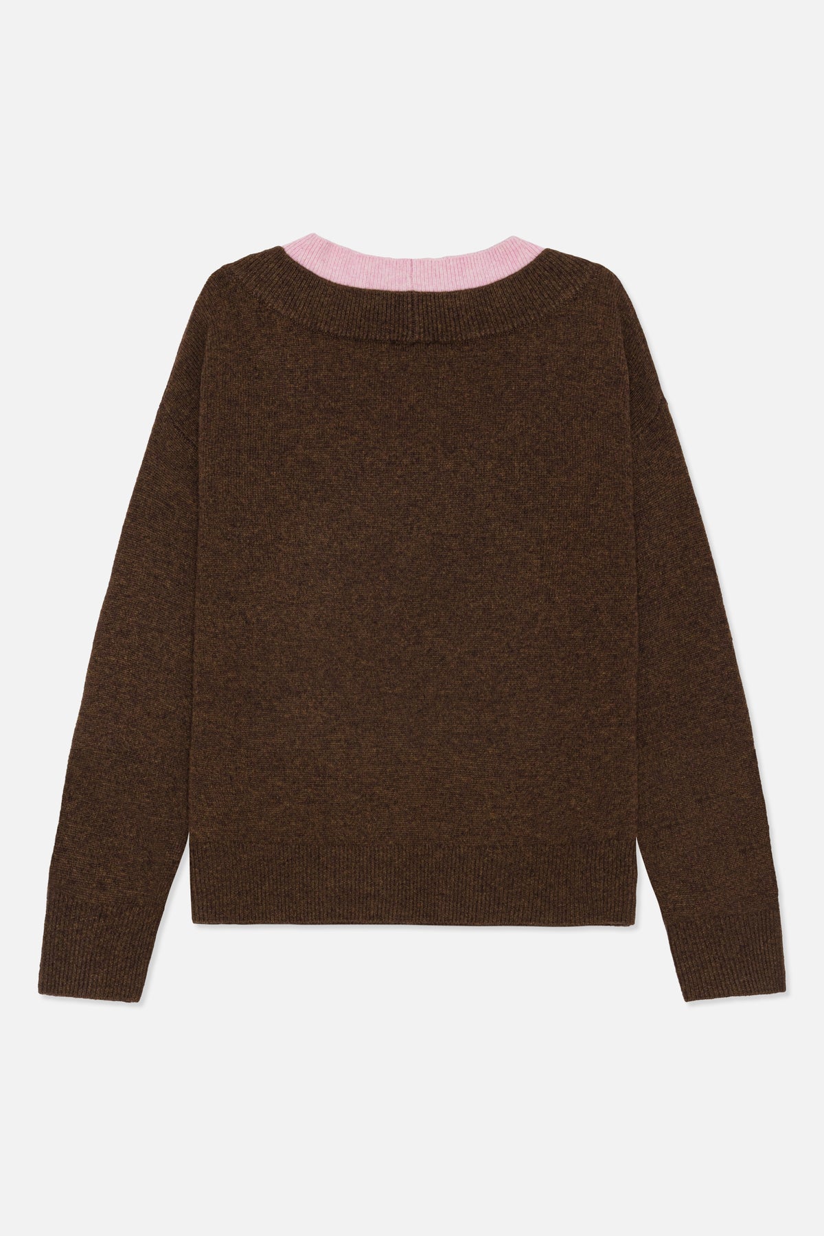 Front view of a dark brown knit sweater with a contrasting pale pink ribbed crew neck and ribbed cuffs and hem.
