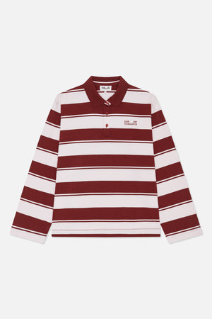 Front view of a long-sleeved polo shirt with broad burgundy and pale pink horizontal stripes, a pointed collar, button placket and chest logo.