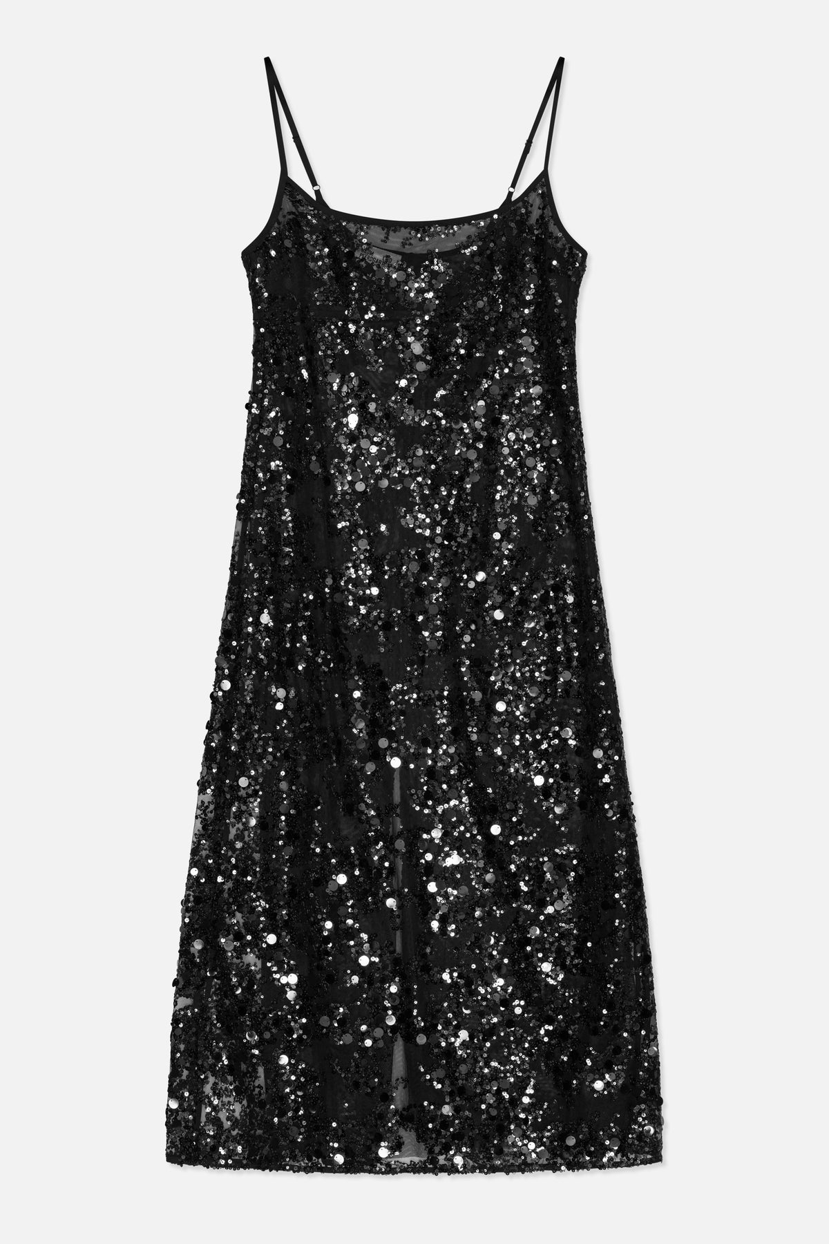 Front view of a black slip dress with thin adjustable straps, a scoop neckline and all-over sequins.