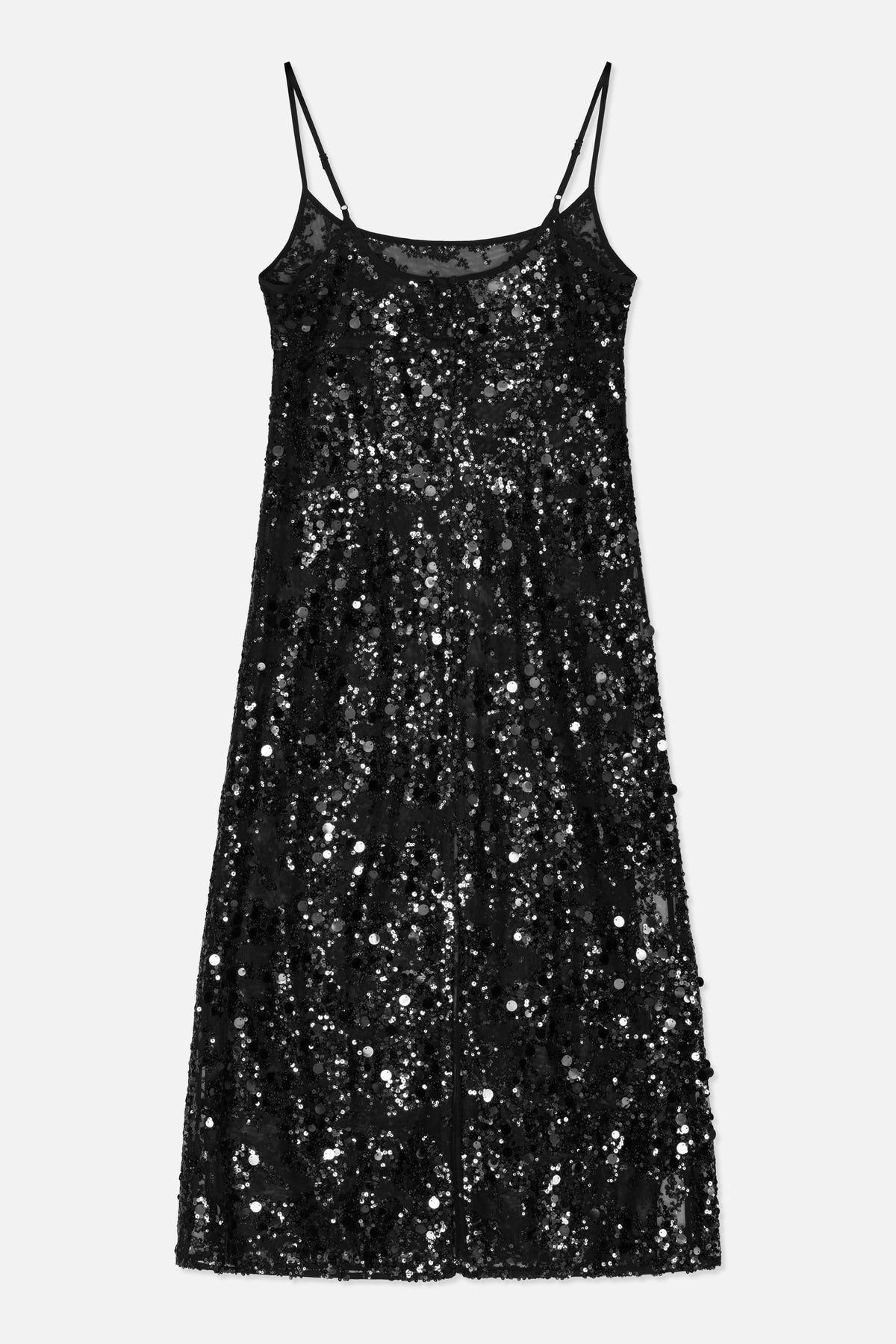 Front view of a black spaghetti-strap slip dress covered in scattered sequins, with a sheer mesh neckline panel.