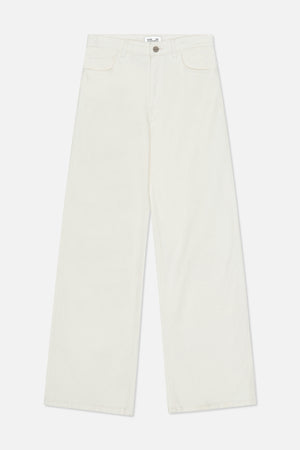 Front view of off-white wide-leg trousers with a button closure, belt loops and five-pocket styling.