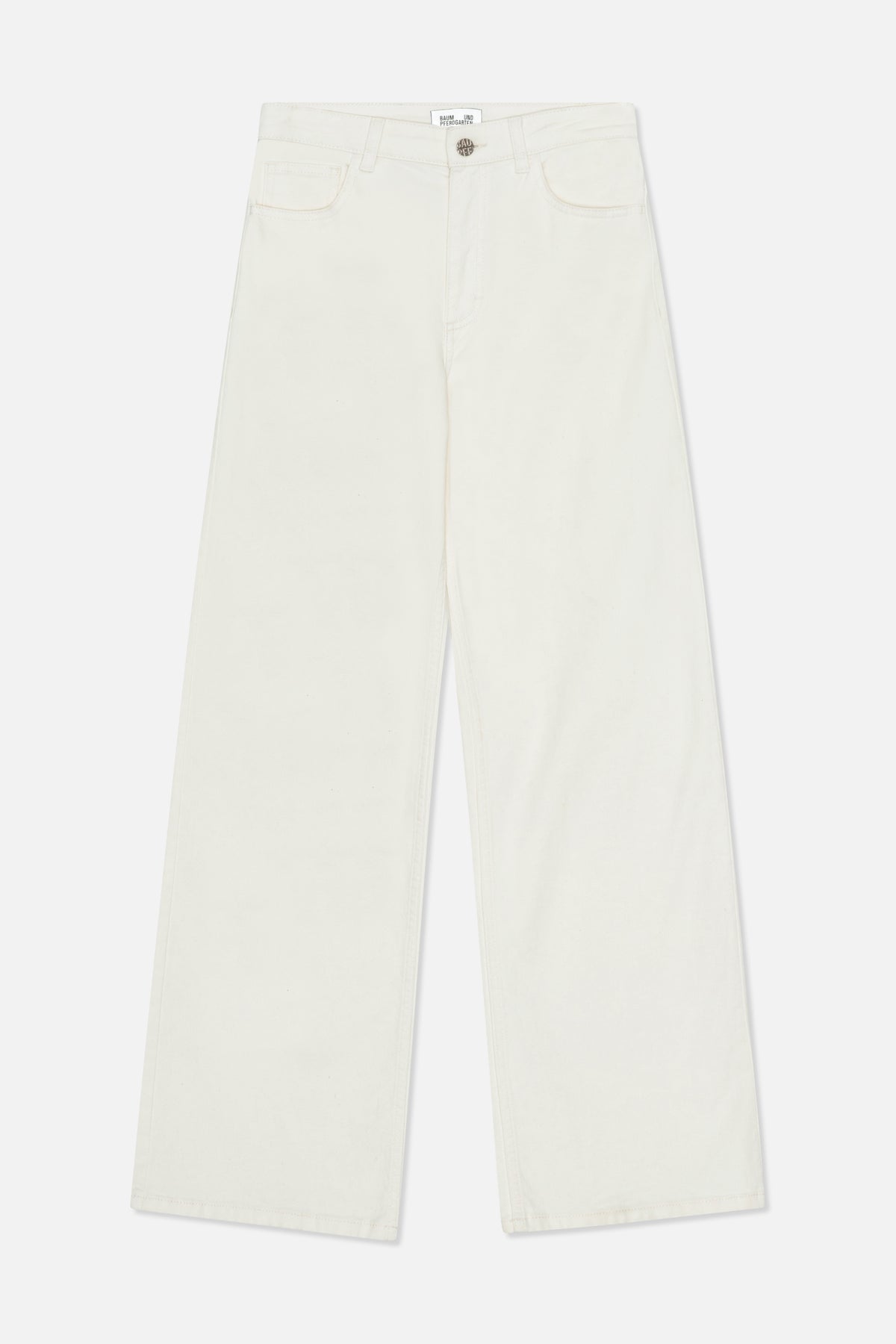 Front view of off-white wide-leg trousers with a button closure, belt loops and five-pocket styling.