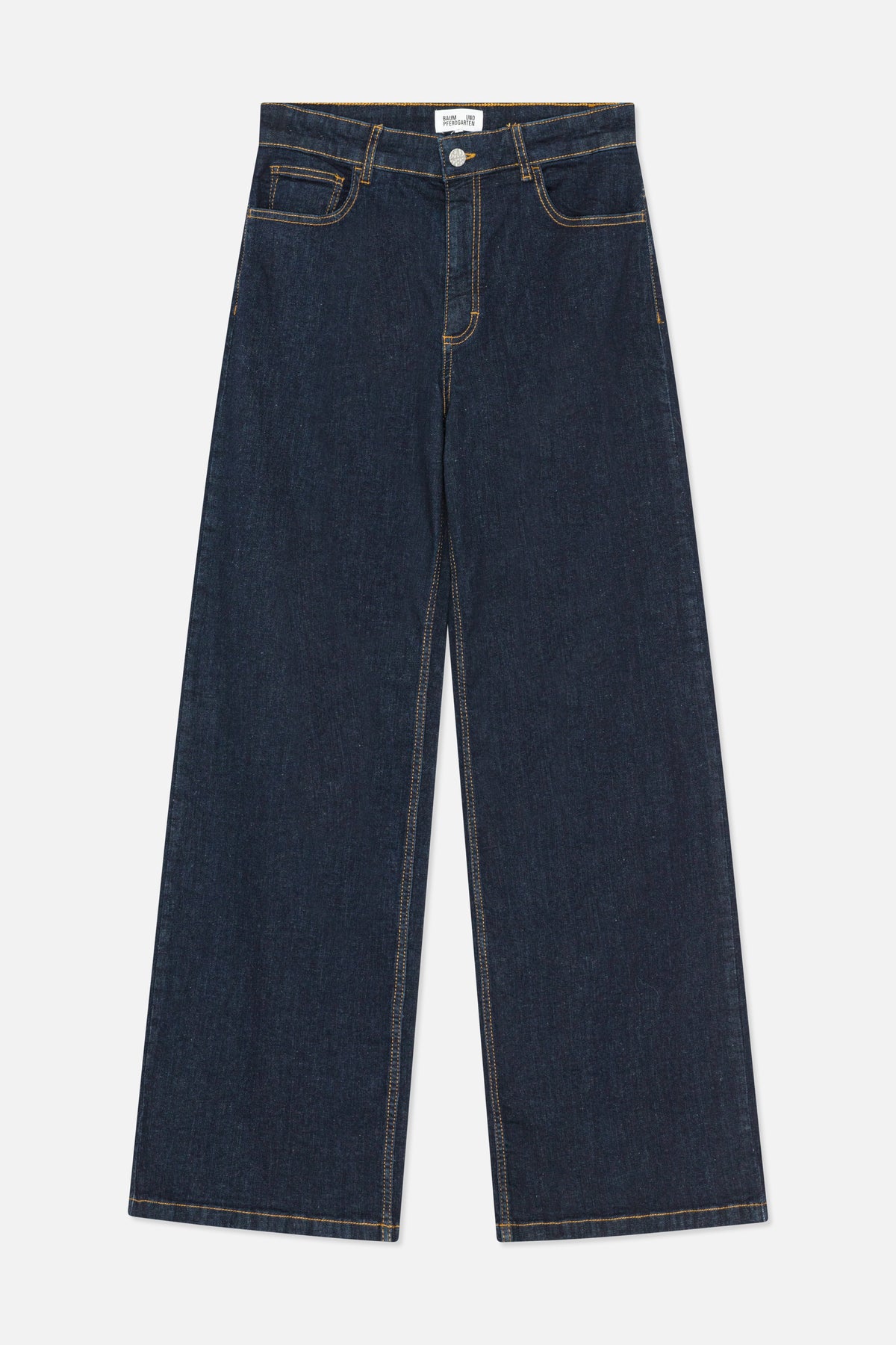Front view of dark indigo jeans with wide straight legs, contrast gold stitching, belt loops, button closure and front pockets.