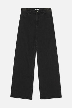 Front view of charcoal-black wide-leg jeans with a button closure, belt loops and five-pocket styling.
