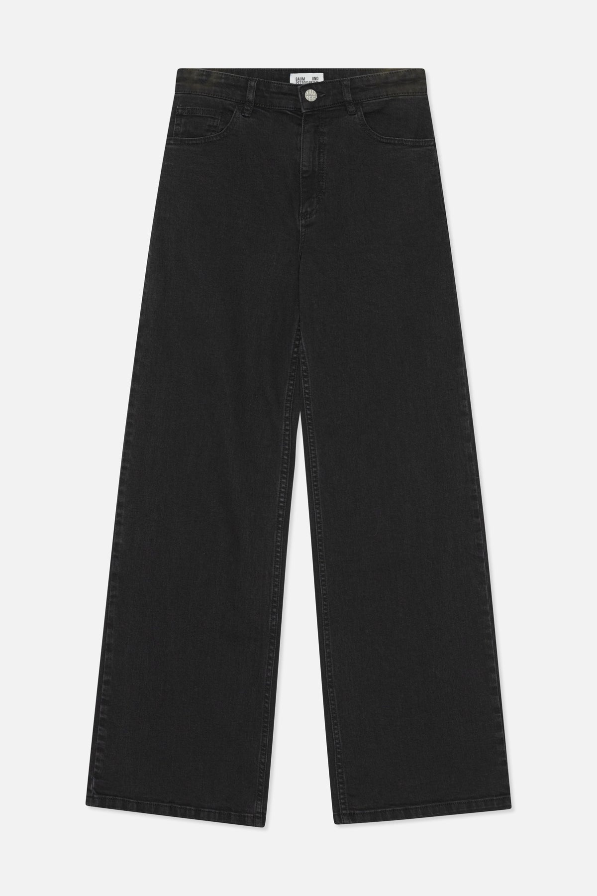 Front view of charcoal-black wide-leg jeans with a button closure, belt loops and five-pocket styling.