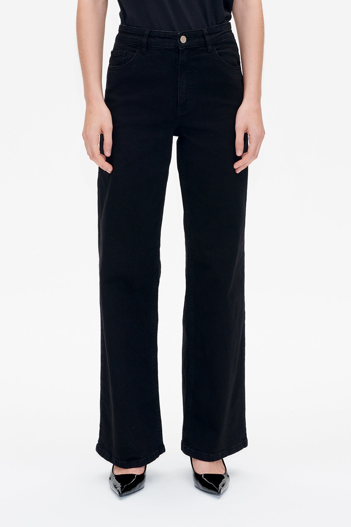 Front view of black wide-leg jeans with a button fastening, belt loops and curved front pockets.