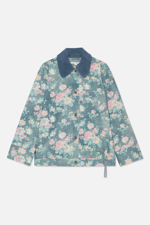 Front view of a blue floral jacket with a wide ribbed collar, button fastening, patch pockets and an adjustable drawstring hem.