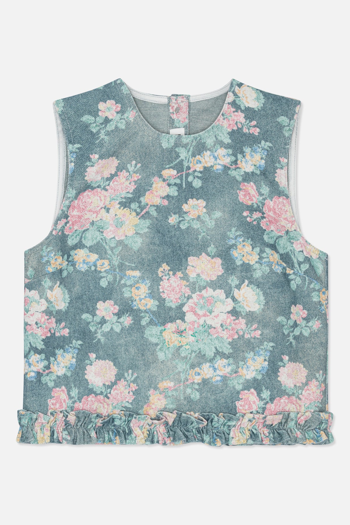 Front detail of a sleeveless blue-grey top with a rounded neckline, pastel floral print and gathered ruffle hem.