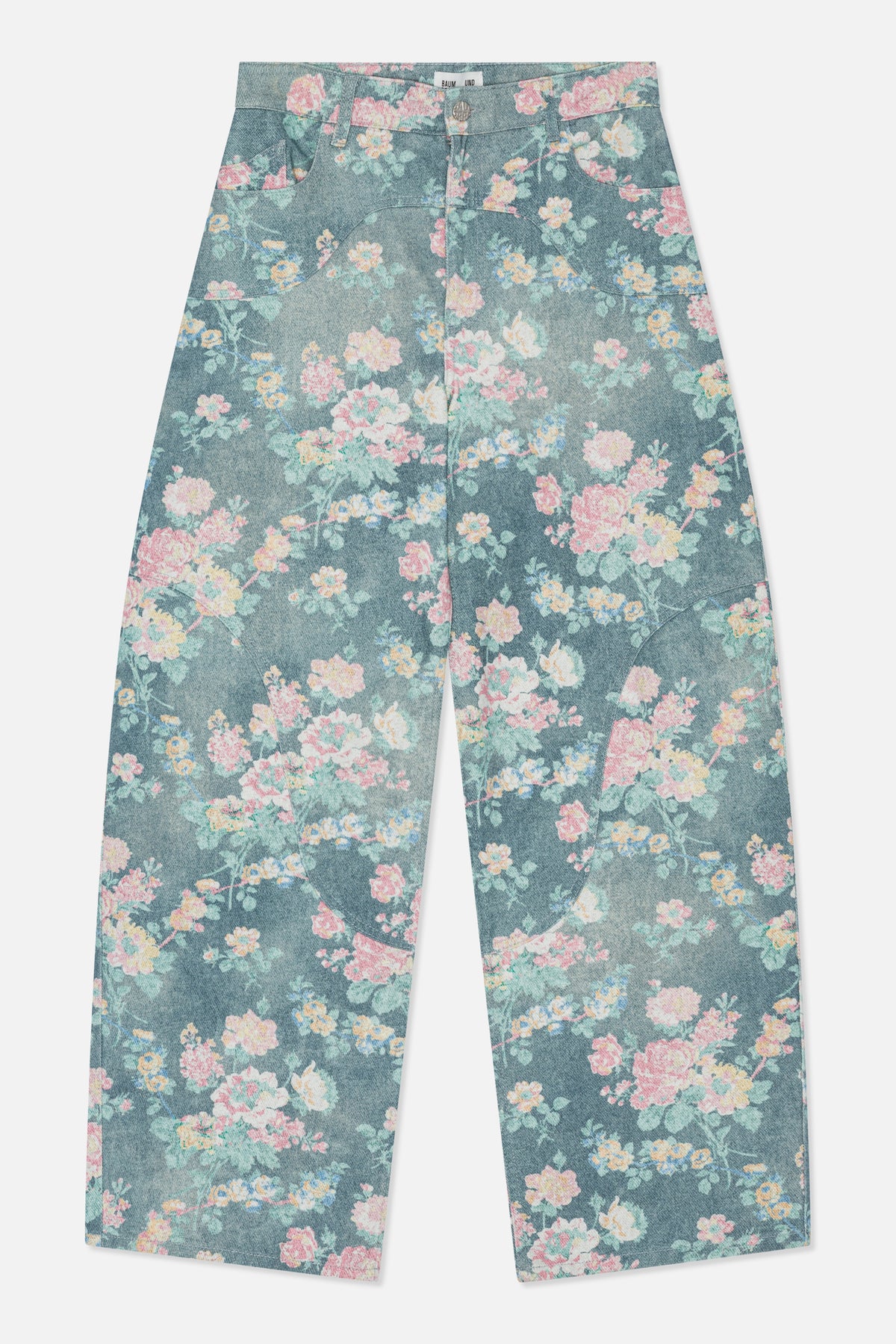 Front view of wide-leg blue denim jeans with an all-over pastel pink, yellow and mint floral print.