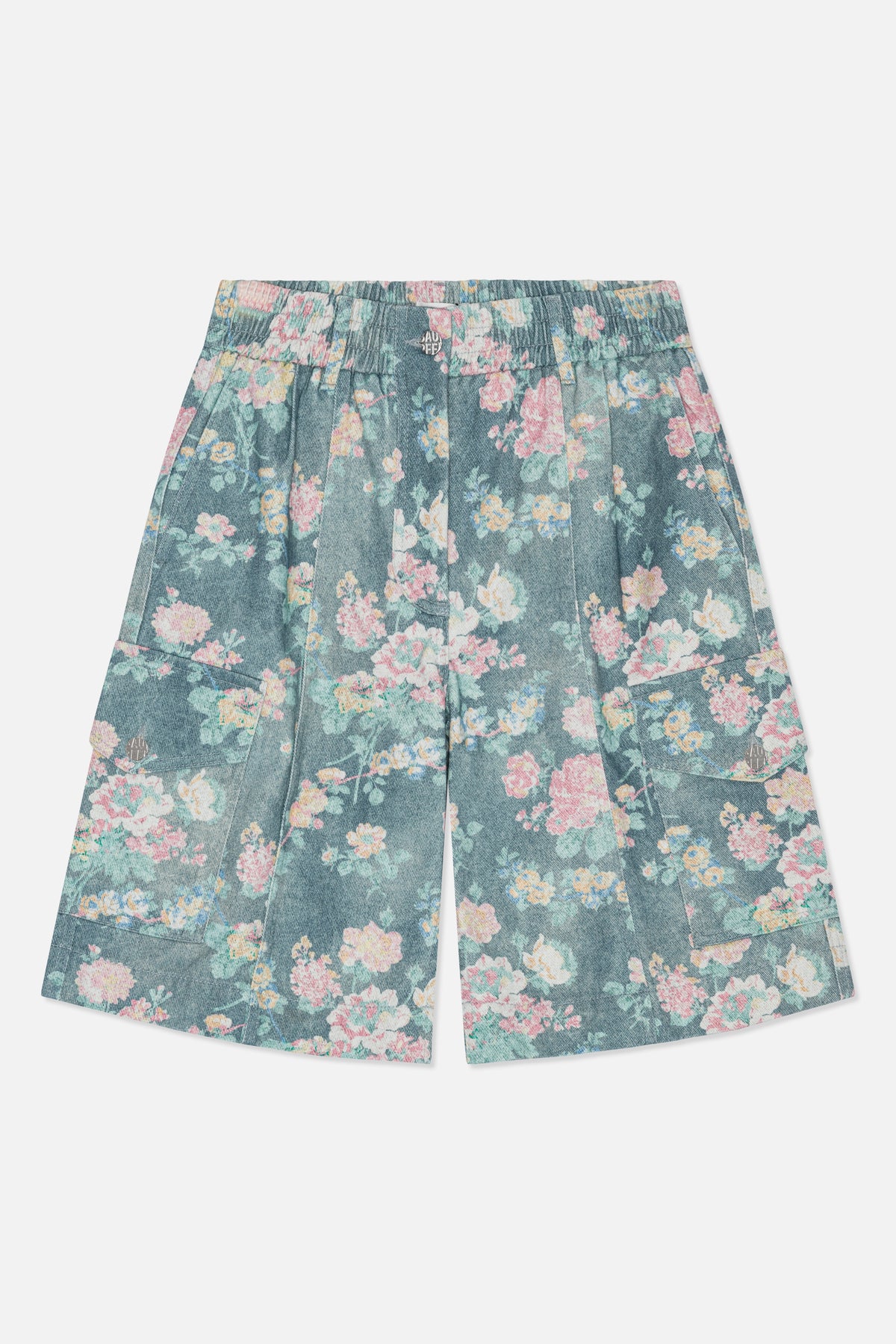 Front view of wide-leg denim shorts with a blue base, multicoloured floral print, elasticated waistband and large patch pockets.