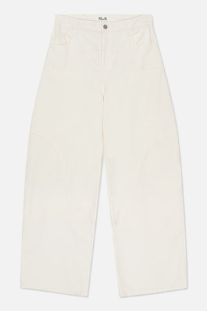 Front view of off-white wide-leg jeans with curved seam panels, front pockets, belt loops and a metal button.