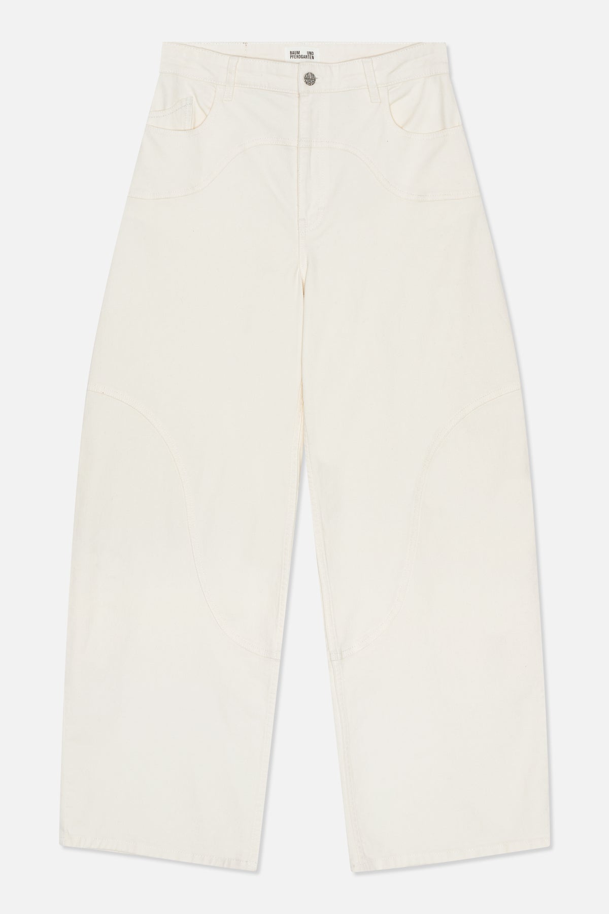 Front view of off-white wide-leg jeans with curved seam panels, front pockets, belt loops and a metal button.