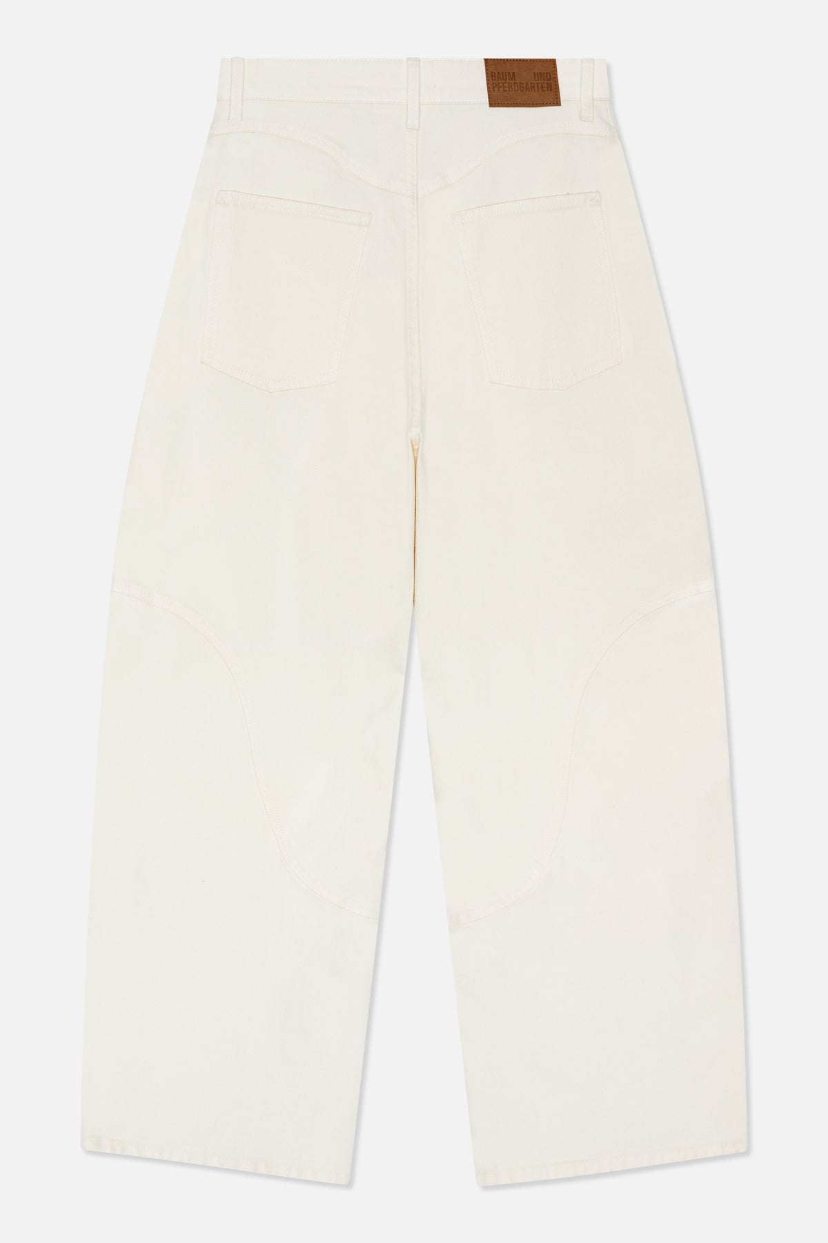 Back view of off-white wide-leg jeans with two rear pockets, curved seam panels and a brown waistband patch