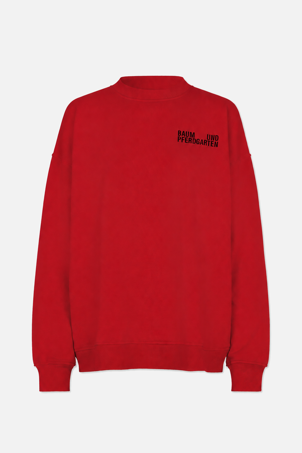 Bright red crew-neck sweatshirt with ribbed collar, cuffs and hem, featuring a black Baum und Pferdgarten chest logo; front view