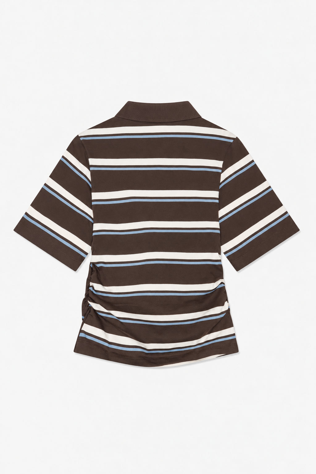 Rückenansicht einer kurzärmeligen Bluse mit Kragen, horizontalen Streifen in dunkelbraun, cremefarben und blau sowie seitlichen Raffungen.